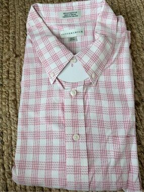 Cutter & Buck White and Light Pink Plaid Button-Down Shirt